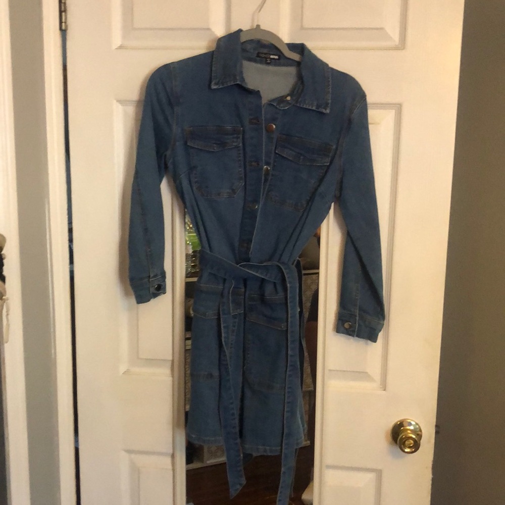 Fashion Nova Denim Dress M Blue Stretch Button Front Belted 716A